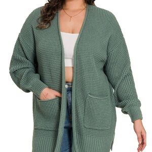 Women's Green Knit Cardigan Sweater. PLUS LOW GAUGE WAFFLE OPEN CARDIGAN SWEATER
